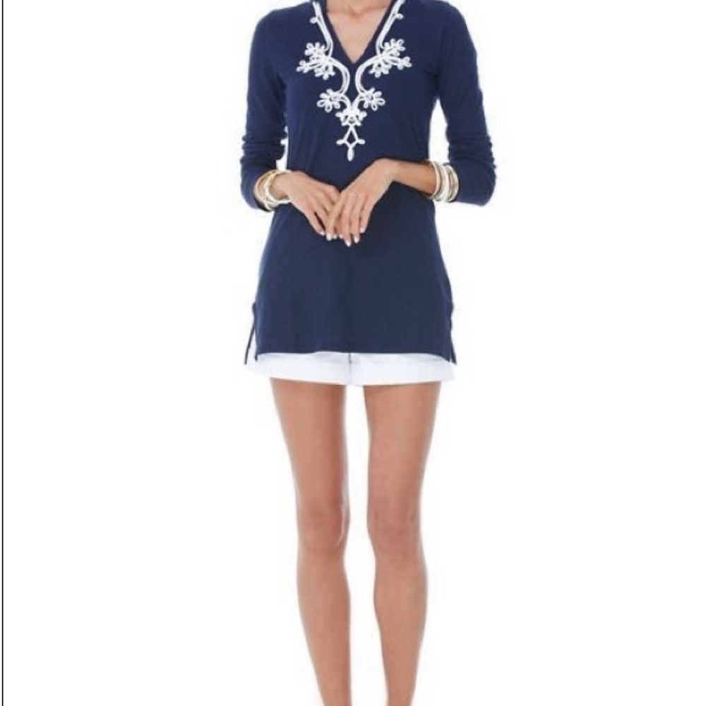 Lilly Pulitzer Navy Tunic with White Embroidered V-Neck